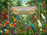 Световен ден на папагалите: Пъстроцветни папагали в тропическа гора, призив за опазване на дивата природа и биоразнообразието.