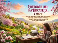 Честит Световен ден на писателя 3 март: Пролетна идилия с жена, пишеща сред цъфтящи дървета.