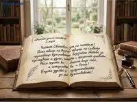 Поздрав за Световния ден на писателя в отворена старинна книга на бюро с изглед към градина.