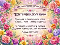 Празнична картичка за 8 март: Честит празник, скъпа майко! Сърдечно пожелание с цветя.
