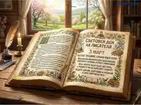 Световен ден на писателя, 3 март: Празнична картичка с пожелания и пролетен пейзаж.