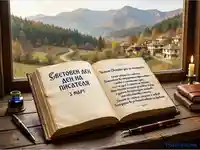 Световен ден на писателя: Открита книга с поздравления на фона на живописен есенен пейзаж и уютна обстановка.