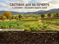 Световен ден на почвите: Опазване на земята за живот и храна. Селски пейзаж с фермер и почвен разрез.