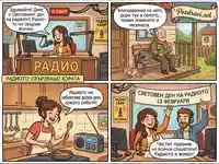 Комикс за Световния ден на радиото, 13 февруари, показващ как радиото свързва хората и носи информация и забавление.