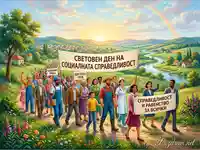 Пъстра група хора отбелязва Световния ден на социалната справедливост, марширувайки за човешки права, равенство и достоен труд под дъга.