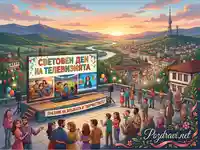 Празник на телевизията и връзката: Хора се събират пред голям екран на фона на живописен залез.