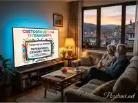 Празник на телевизията: Усмихната двойка в уютен дом с гледка към залез над българско село.