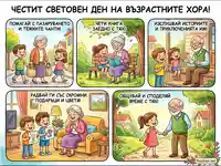 Картичка за Световния ден на възрастните хора: Деца показват грижа и уважение към баби и дядовци чрез помощ, общуване и подаръци.