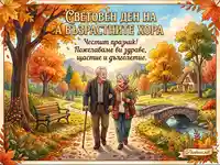 Поздравителна картичка за Световния ден на възрастните хора с есенен пейзаж и щастлива двойка.