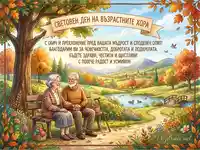 Световен ден на възрастните хора: Поздравителна картичка с усмихната двойка в есенен парк.