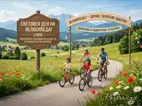 Семейство празнува Световния ден на велосипеда сред природата, насърчавайки здраве и щастие.