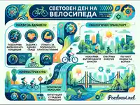 Световен ден на велосипеда: Инфографика за ползите от колоезденето за здравето, екологията и градската среда.