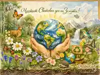 Илюстрация за Световния ден на Земята с природа, животни и планетата в човешки ръце