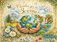 Илюстрация за Световния ден на Земята с ръце, държащи планетата и богата природна сцена