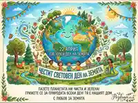 Картичка за Световния ден на Земята с деца, животни и природа.