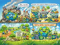 комикс за Световния ден на Земята с извънземни, които пречистват света от лоши идеи