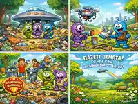 Забавен комикс в 4 сцени за Световния ден на Земята с извънземни, които почистват замърсен парк