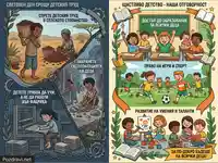 Контраст: Детски труд срещу щастливо детство с образование, игра и развитие.