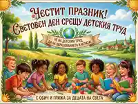 Световен ден срещу детския труд. Щастливи деца играят и учат. Призив за образование и игра.