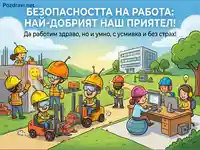 Карикатурна илюстрация на безопасност и благополучие на работното място с усмихнати работници и послание за работа без страх.