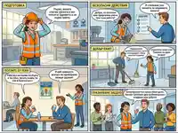 Комикс за безопасност на работното място: от подготовката до празнуването на Световния ден за здраве и безопасност.