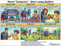 Мисия "Суперсила": Комикс за превенция на диабет чрез здравословно хранене, вода и активна игра за деца.