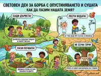 Световен ден за борба със сушата: Практични съвети за деца как да опазват Земята – сади дървета, пести вода, пази почвата, не сечи гори.