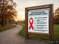 Есенен парк с информационна табела за Световния ден за борба със СПИН и съвети за превенция.