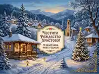 Коледна картичка: Идилично зимно село със заснежени къщи, църква и елха. Празнични пожелания за Рождество и Нова година.