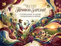 Честит Трифон Зарезан: Празнична илюстрация с лозар, грозде, вино, бъчви и пожелания за здраве, плодородие и любов.