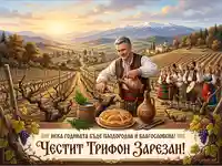 Празник Трифон Зарезан: Български лозарски ритуал, вино и народни традиции сред живописен пейзаж.