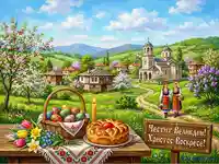 Български Великден: Празнична сцена с козунак, яйца и църква в пролетен пейзаж.