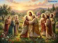 Исус Христос посреща последователи в живописен пейзаж, изпълнен с духовност и светлина.