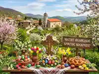 Празнична великденска трапеза сред живописен пролетен пейзаж с традиционно българско село и църква.