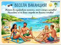 Весела ваканция! Илюстрация на щастливи хора на слънчев плаж с море и палми.