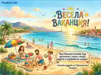 "Весела ваканция!" - Лятна картичка с щастливо семейство на плажа, слънце и море от Черноморието, България.