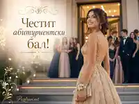 Абитуриентка в златна рокля на празничен бал с надпис „Честит абитуриентски бал!“