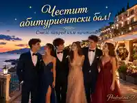 Елегантна картичка за абитуриентски бал край морето със златен надпис и празнична група абитуриенти