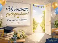 Празнична сцена за завършване с абсолвентска шапка, цветя и послание към бъдещето