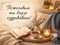 Уютна сцена с книга, чай, свещ и надпис за бързо оздравяване