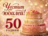 Розово-златна юбилейна сцена с триетажна торта, свещи, конфети и надпис „Честит юбилей! 50 години“