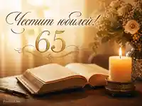 Топла юбилейна сцена с книга, свещ и цветя с надпис „Честит юбилей!“ и „65“