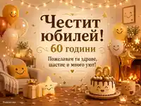 Юбилей 60 години в уютна стая със златни балони, гирлянди, усмихната торта и свещи „60“