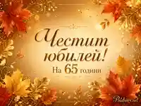 Златиста есенна композиция с листа и конфети с надпис „Честит юбилей! На 65 години“