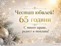 Златиста зимна визия с елхова украса, снежинки и текст „Честит юбилей! 65 години…“ за тържествена 65-годишнина