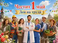 Честит 1 май с лекари, строители и земеделци на празничен пролетен градски фон