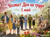 Честит Ден на труда 1 май в слънчев пролетен парк с хора, цветя и празнично настроение