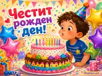 Момче духа свещички на шарена торта за рожден ден с балони и конфети