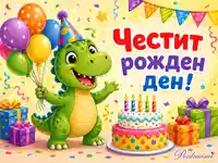 Весел детски рожден ден с динозавър, балони, подаръци и торта със свещички