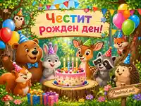 Весел детски рожден ден в гората с животни, торта, балони и надпис „Честит рожден ден!“